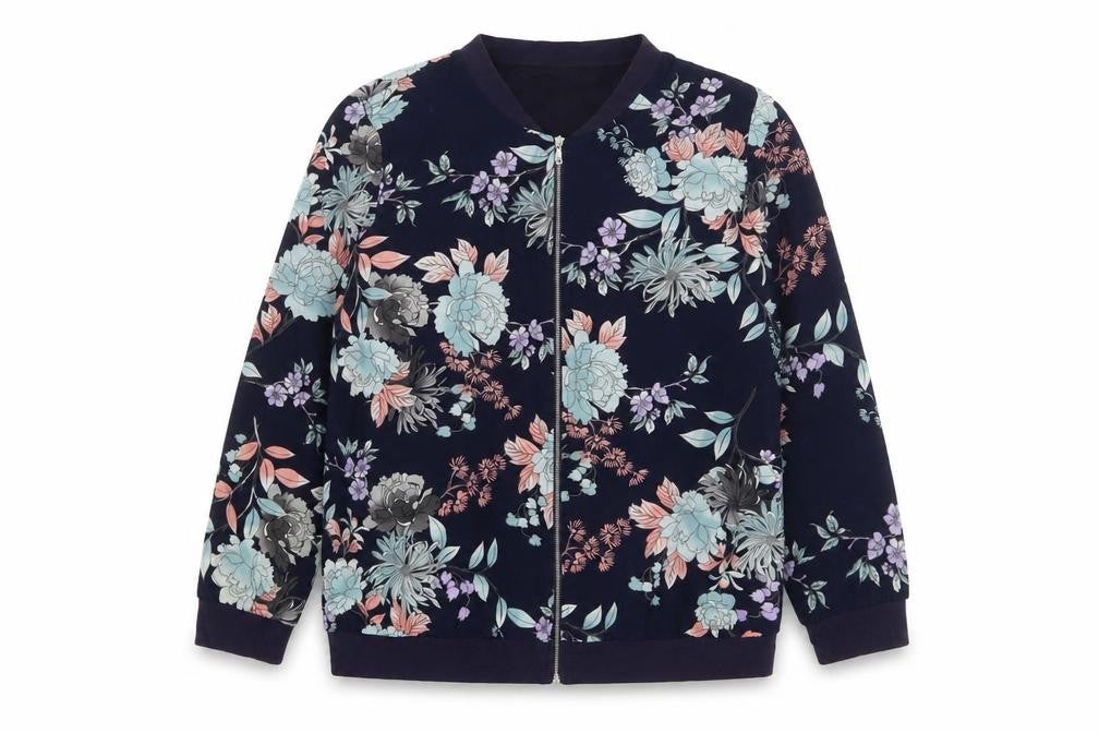 Front view of Julipa women’s blue floral jacket, size UK 16, zip