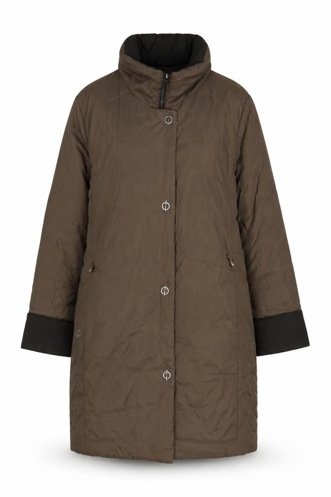 Front view of Marcona women’s brown jacket coat, size M, snap