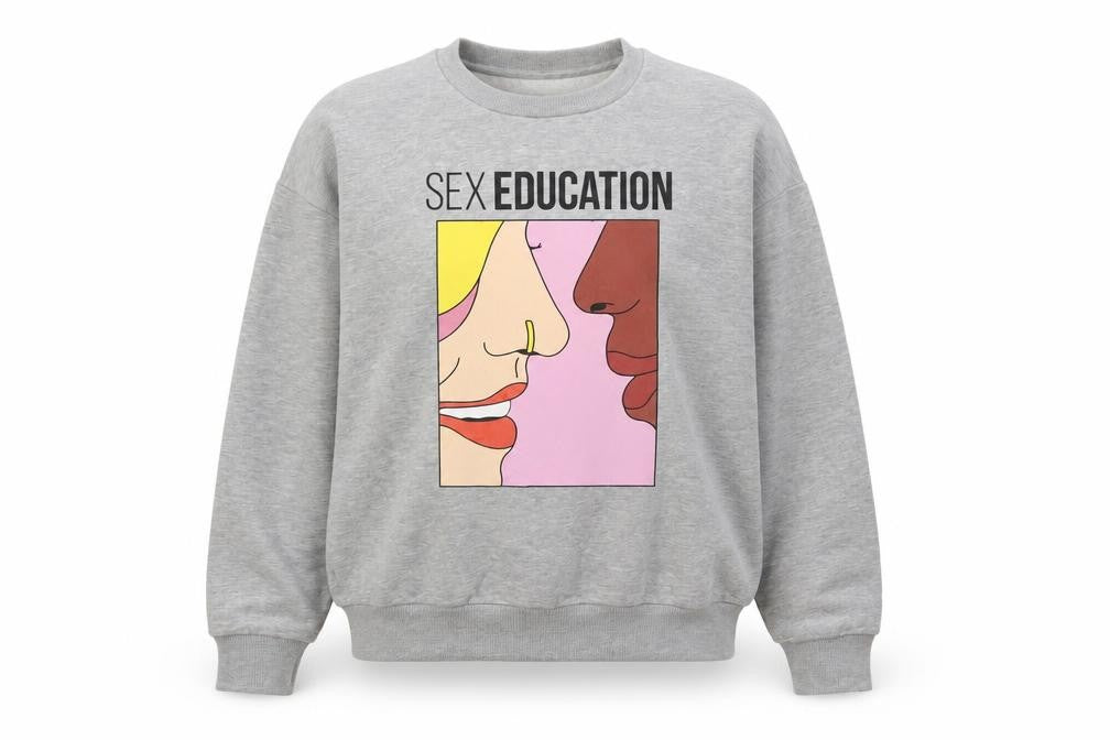 Front view of Sex Education women’s grey cotton pullover sweatshirt, size M, pullover