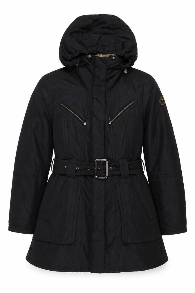 Front view of Greenstone women’s black jacket coat, size UK 8, zip - belted