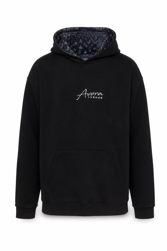 Front view of Avora men’s black cotton pullover hoodie, size XL