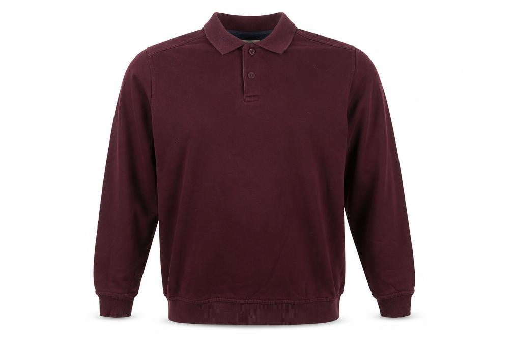 Front view of EWM men’s red cotton polo, size M, collared button