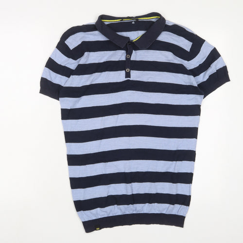 Mantan Mens Blue Striped Cotton Polo Size M Collared Button