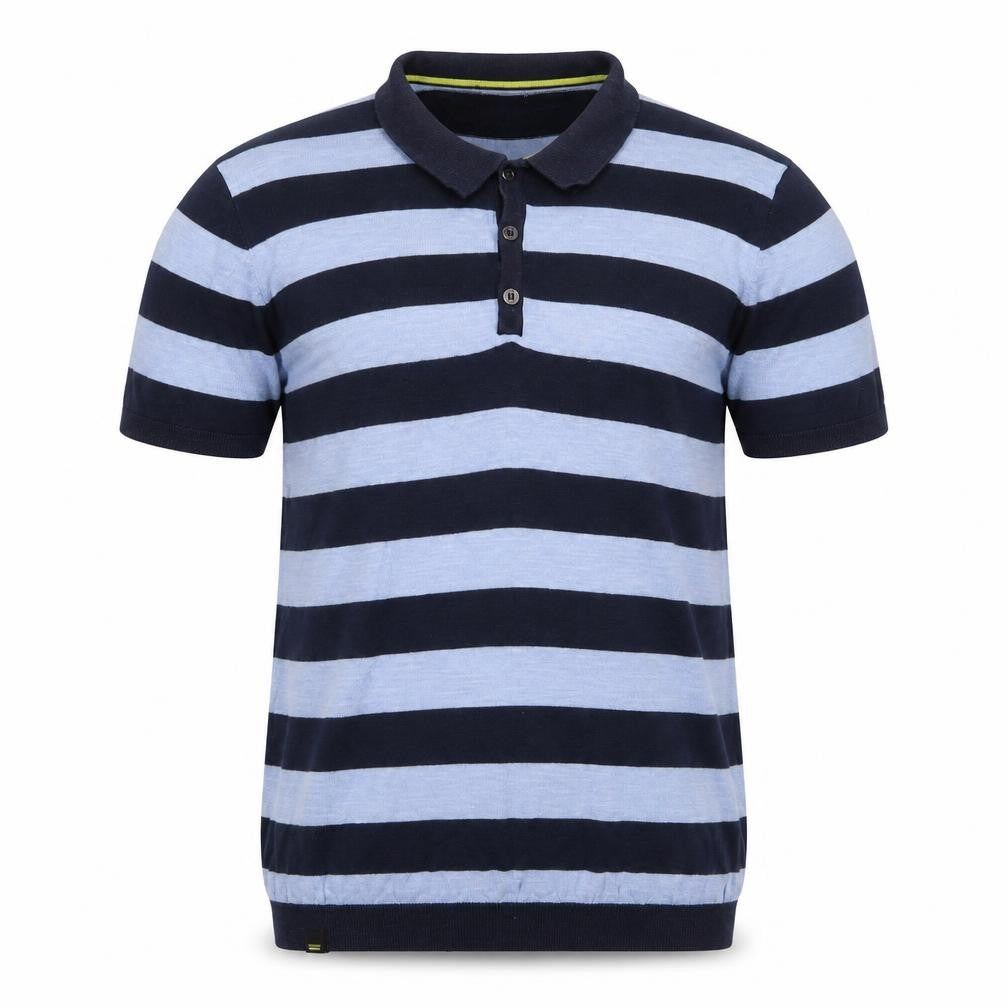 Front view of Mantaray men’s blue striped cotton polo, size M, collared button