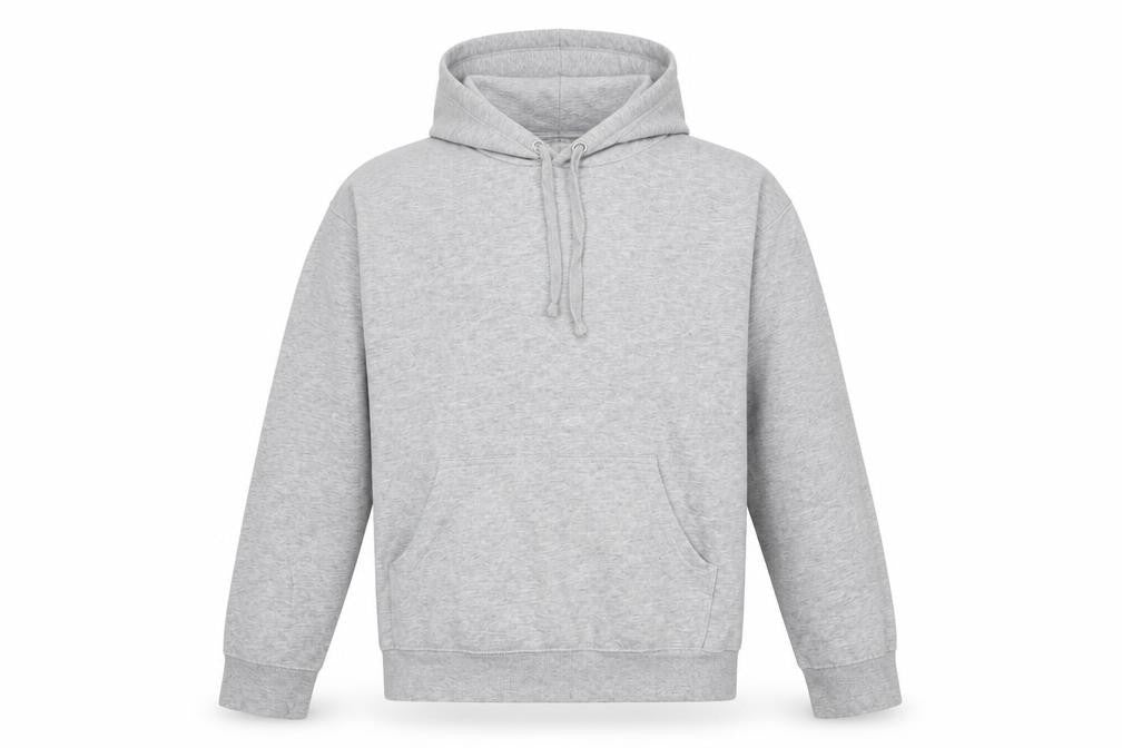Front view of H&M men’s grey cotton pullover hoodie, size M