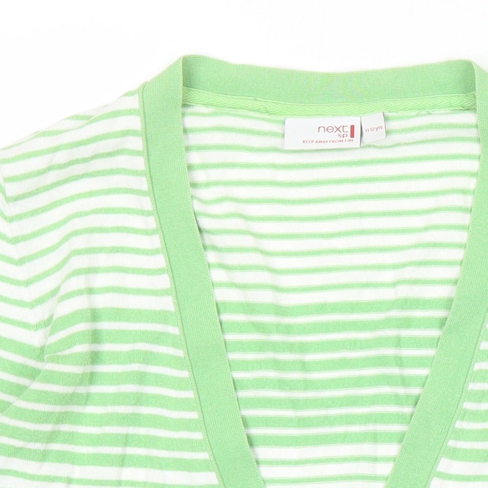 NEXT Girls Green Sweetheart Striped 100% Cotton Cardigan Jumper Size 11-12 Years Button