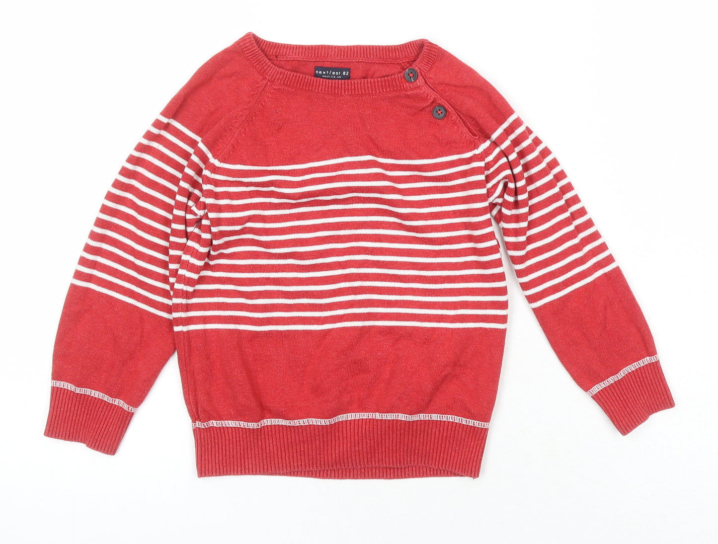 NEXT Boys Red Round Neck Striped 100% Cotton Pullover Jumper Size 3-4 Years Button