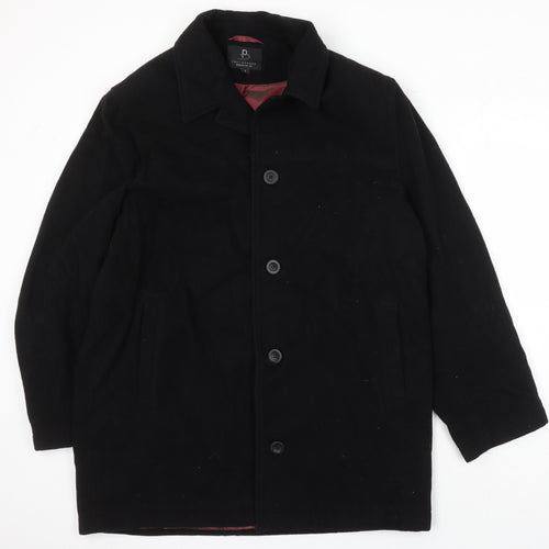 Paul Berman Mens Black Herringbone Overcoat Coat Size L Button