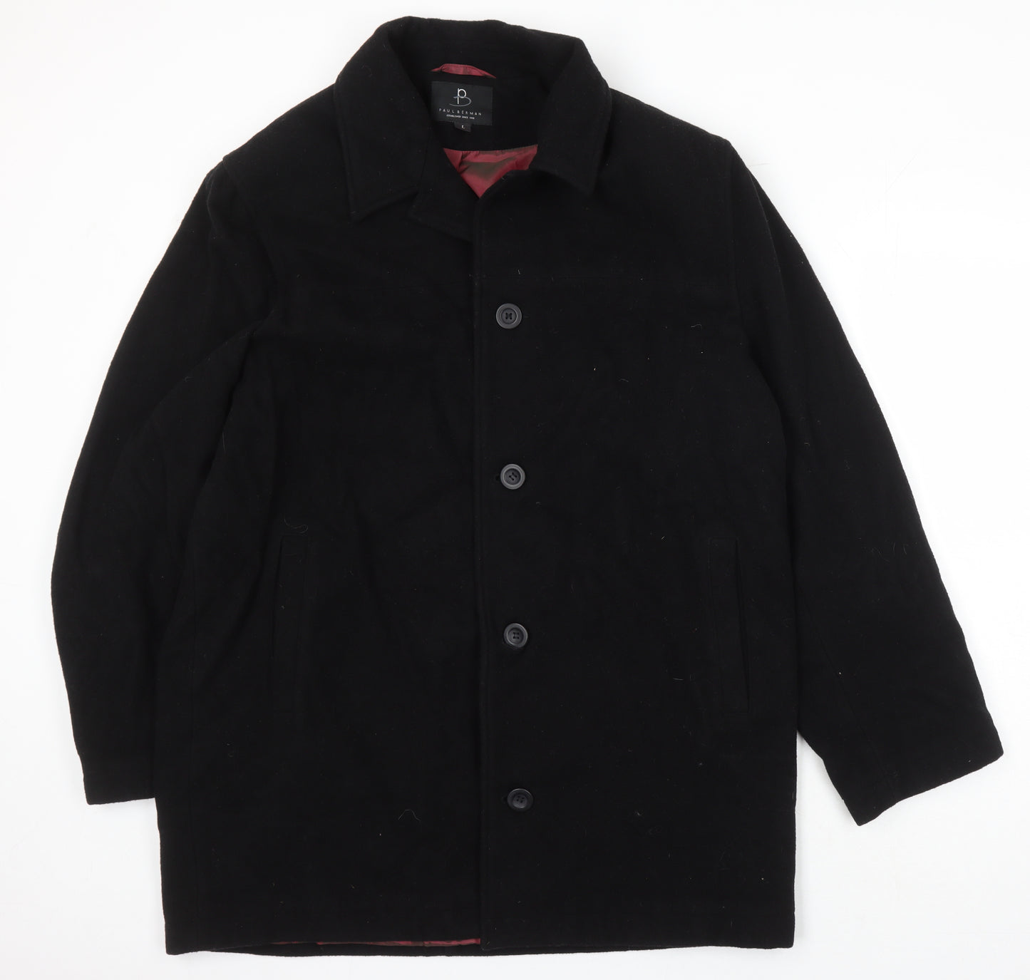 Paul Berman Mens Black Herringbone Overcoat Coat Size L Button