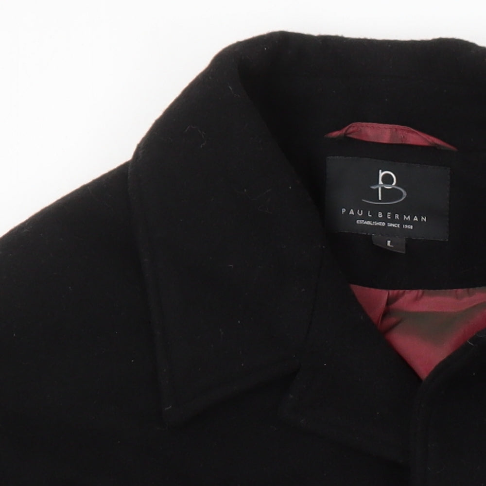Paul Berman Mens Black Herringbone Overcoat Coat Size L Button