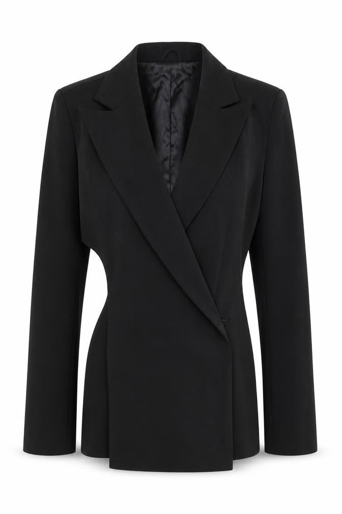 Front view of Misshap women’s black jacket blazer, size UK 12, button - cross front structured blazer