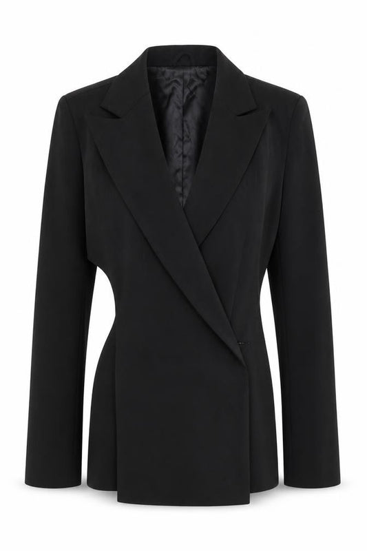 Front view of Misshap women’s black jacket blazer, size UK 12, button - cross front structured blazer
