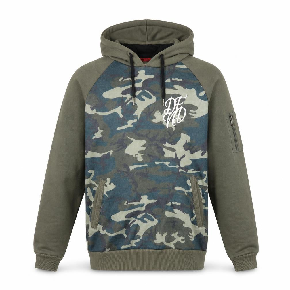Front view of DFND men’s multicoloured camouflage polyester pullover hoodie, size S