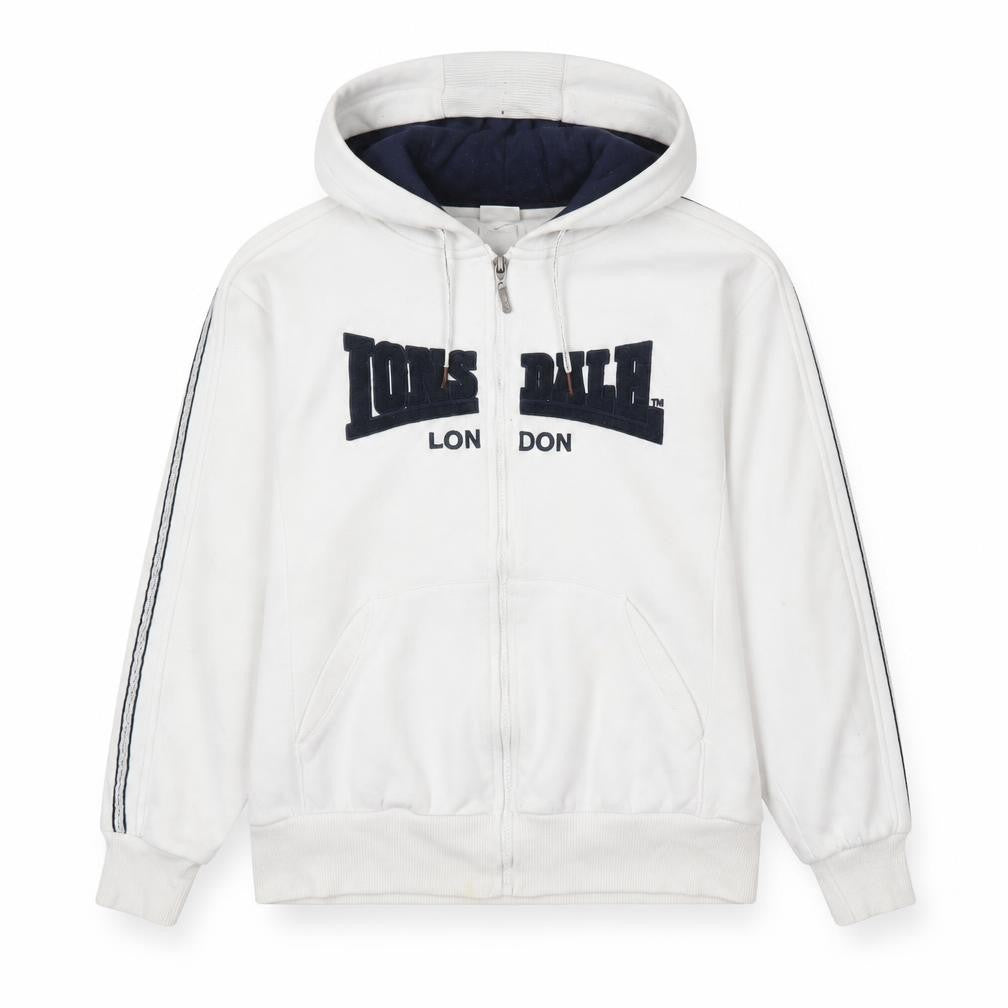 Front view of Lonsdale boys’ white polyester full zip hoodie, size 10, years zip