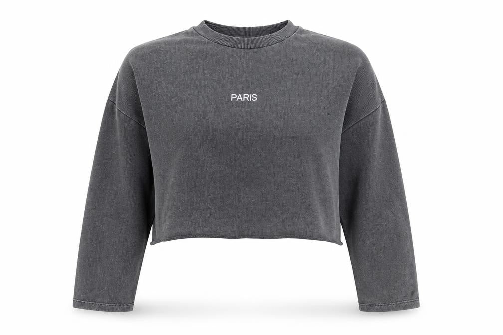 Front view of Topshop women’s grey cotton pullover sweatshirt, size UK 10, - paris