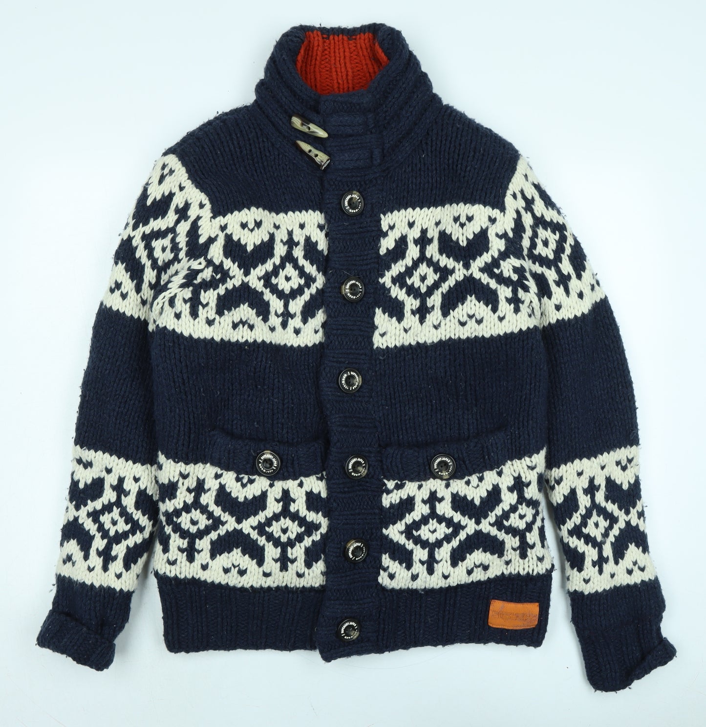 Superdry Mens Blue Mock Neck Wool Cardigan Jumper Size L Long Sleeve