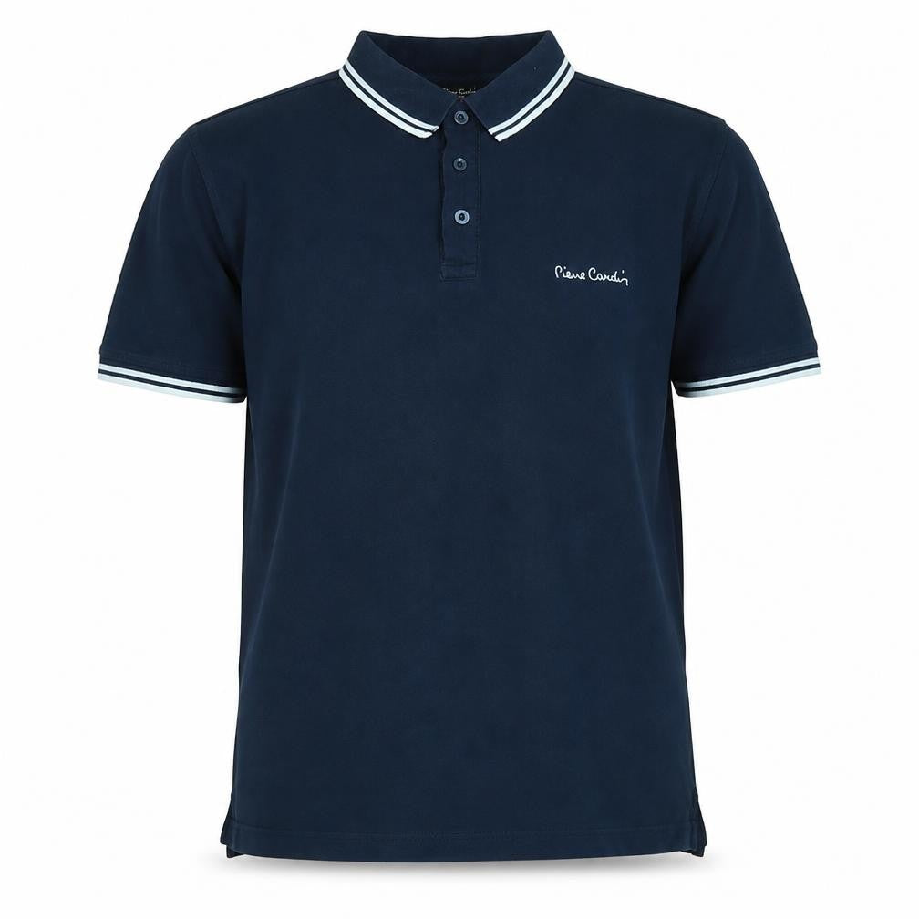 Front view of Pierre Carden men’s blue cotton t-shirt, size L, collared