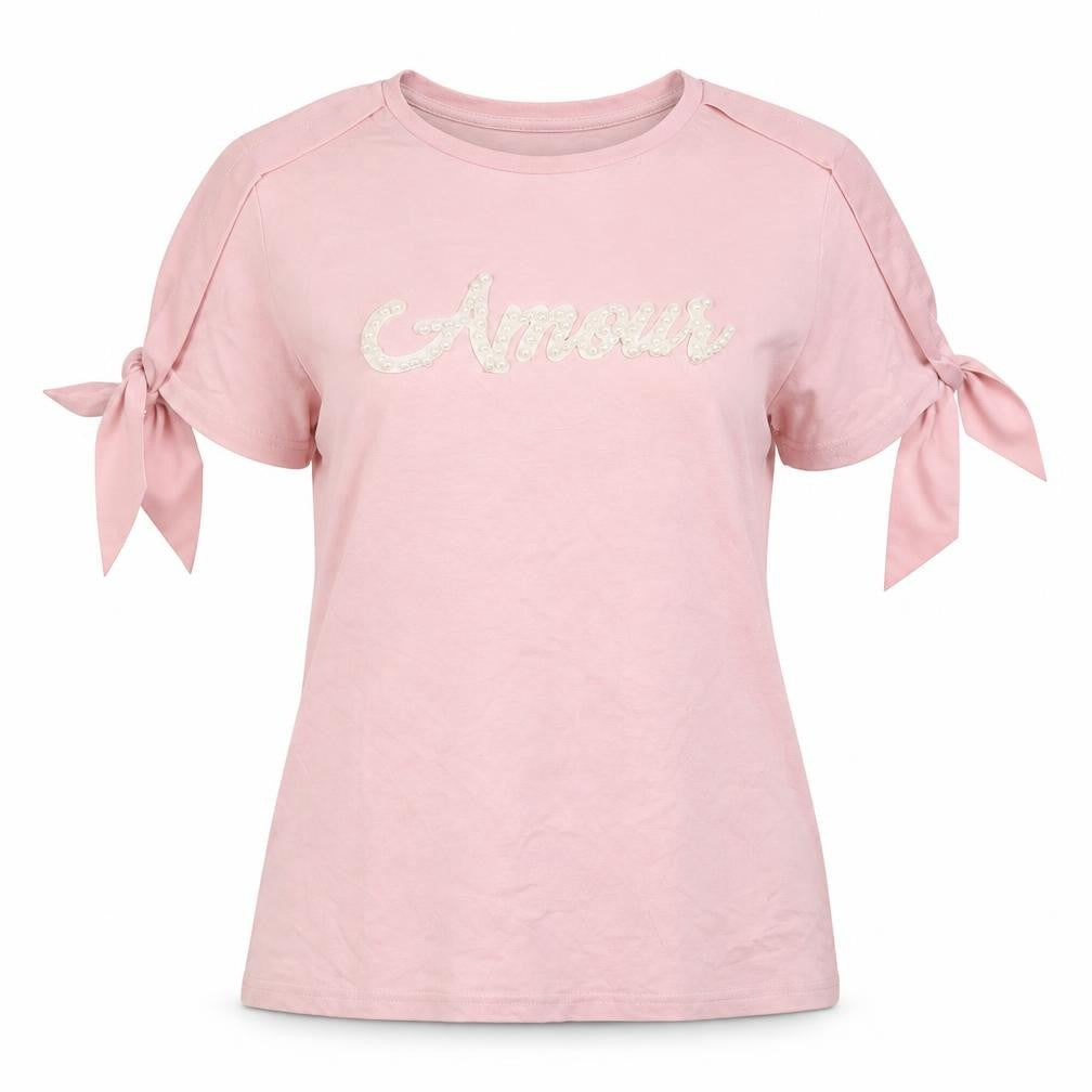 Front view of V code women’s pink cotton basic t-shirt, size L, boat neck