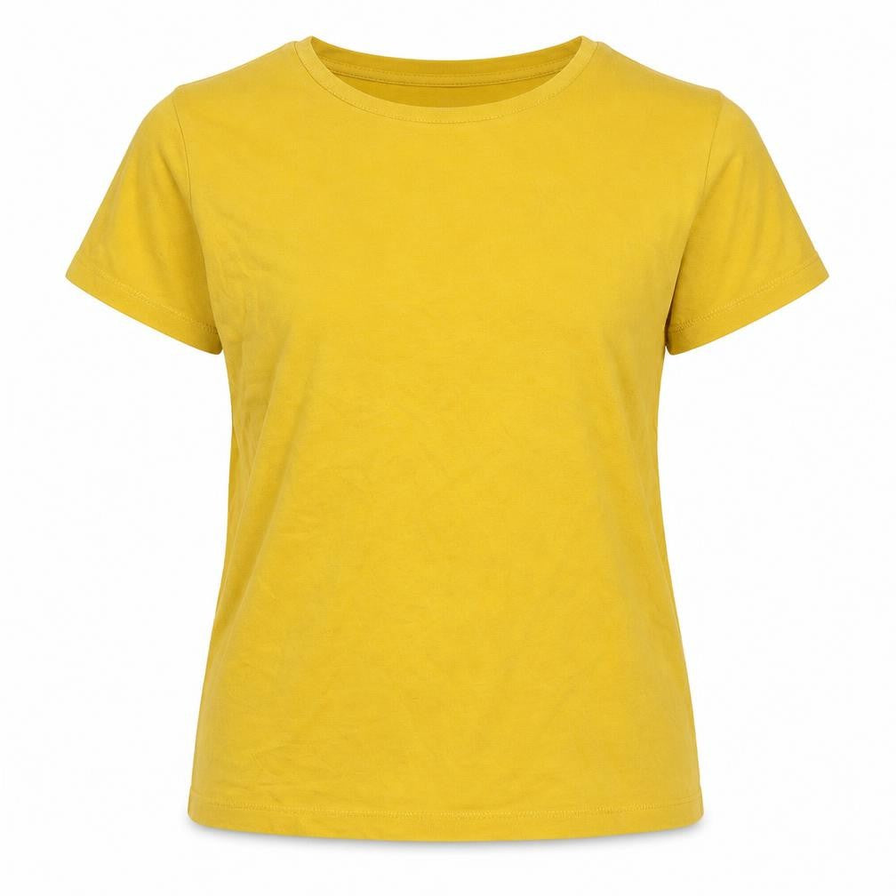 Front view of TMill women’s yellow cotton basic t-shirt, size UK 10, crew neck
