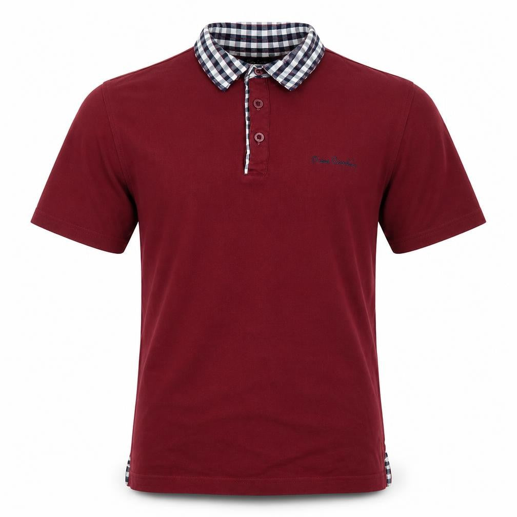 Front view of Pierre Carden men’s red cotton t-shirt, size S, collared