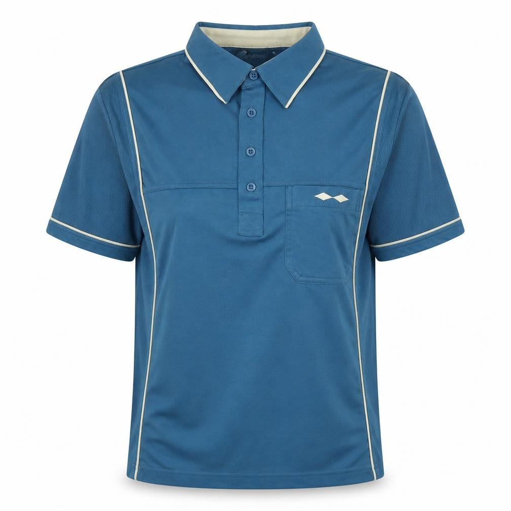 Front view of carabou women’s blue cotton basic polo, size M, collared