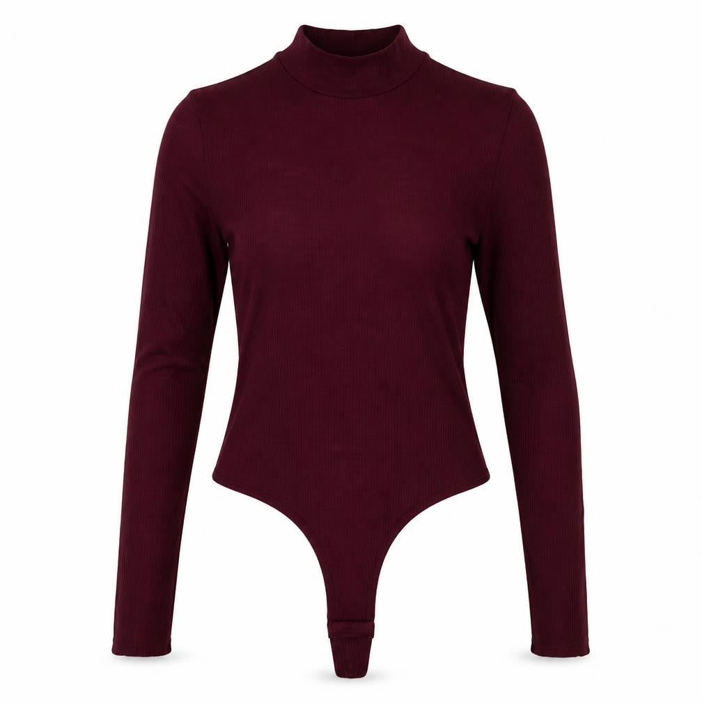 Front view of Fashion Nova women’s red elastane basic t-shirt, size M, mock neck