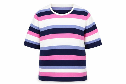 Front view of David Nieper women’s multicoloured crew neck striped cotton jumper, size UK 20