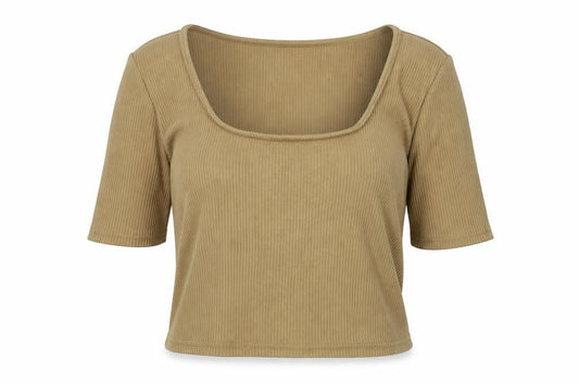 Front view of H&M women’s brown cotton basic polo, size M, round neck