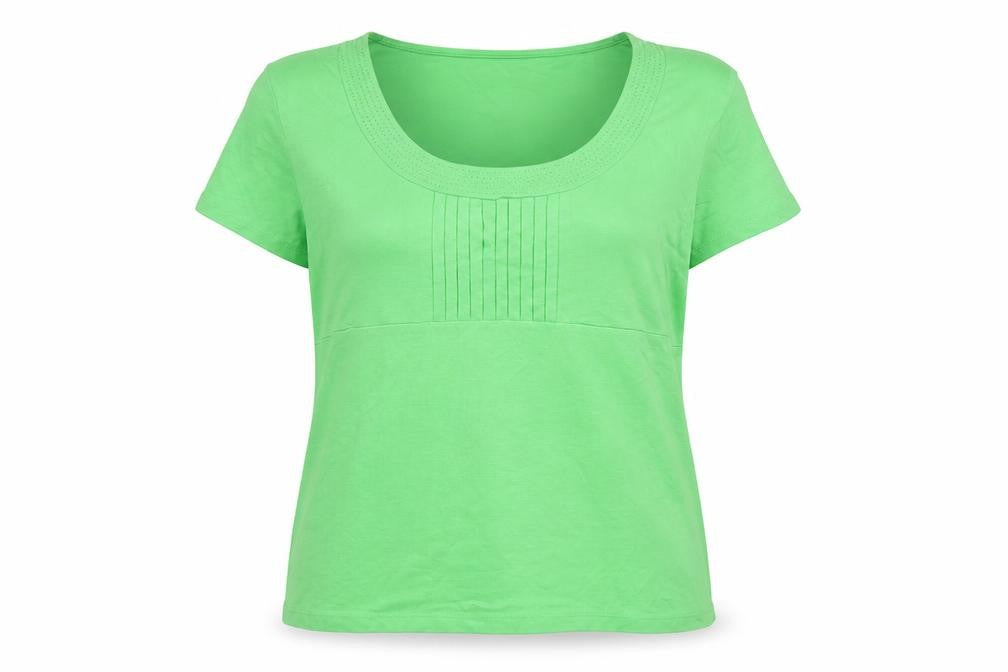 Front view of Precis women’s green viscose basic t-shirt, size L, scoop neck