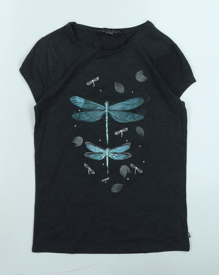 Fashion House Girls Blue Cotton Basic T-Shirt Size 14 Years Crew Neck