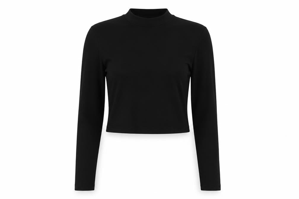Front view of Even & Odd women’s black cotton blend basic t-shirt, size M, crew neck