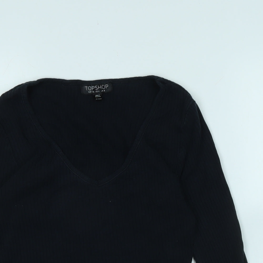 Topshop Womens Blue Cotton Blend Basic T-Shirt Size 8 V-Neck