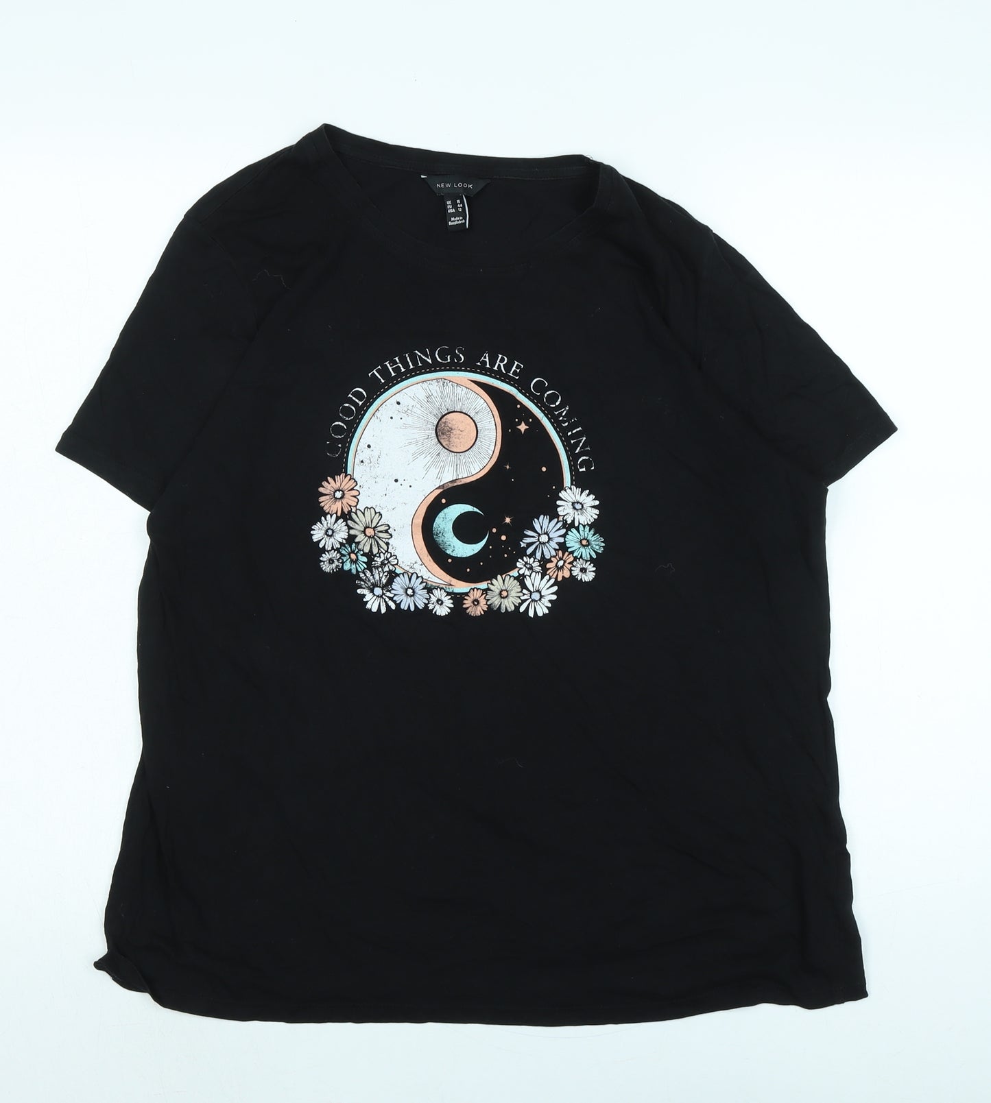 New Look Womens Black Cotton Basic T-Shirt Size 16 Crew Neck