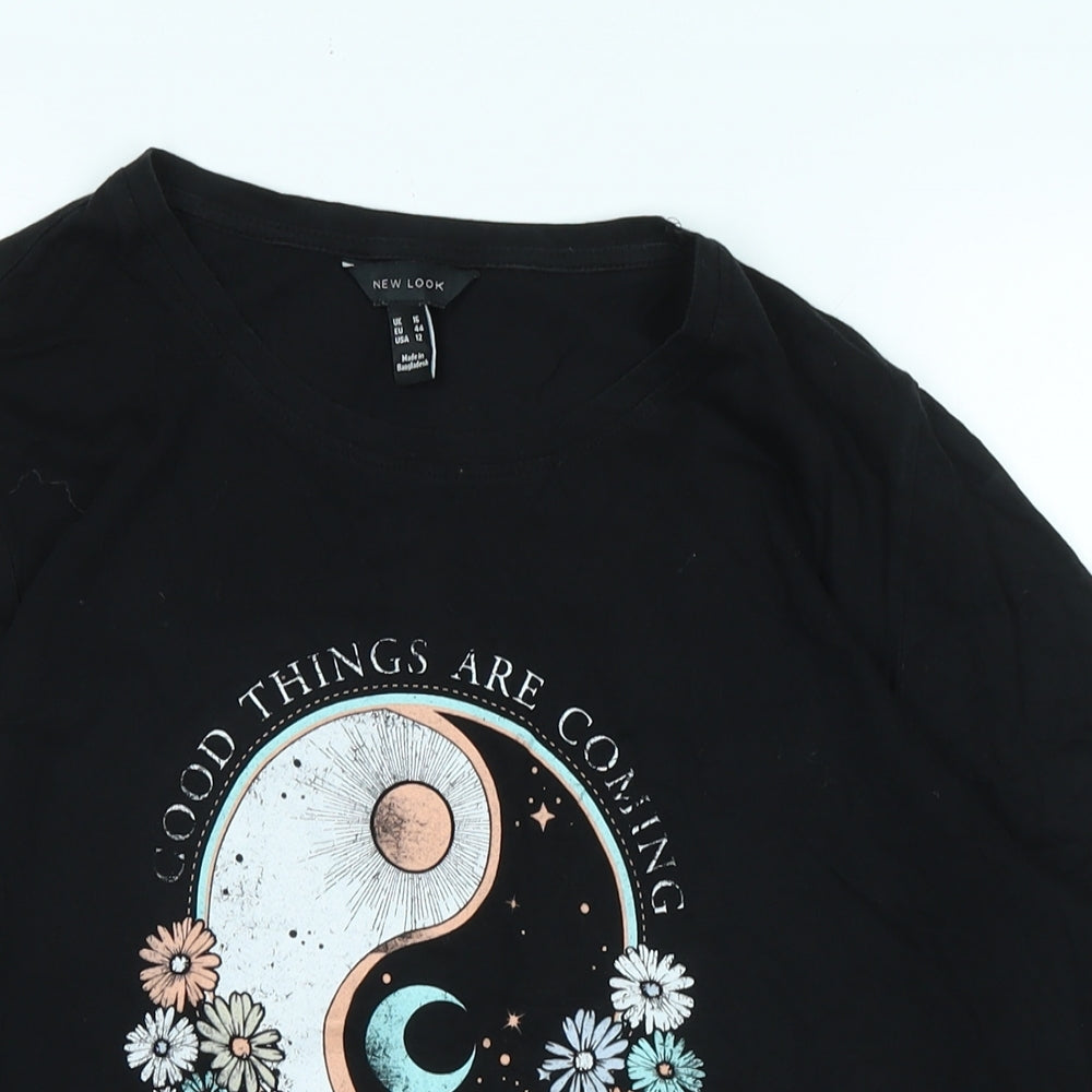 New Look Womens Black Cotton Basic T-Shirt Size 16 Crew Neck
