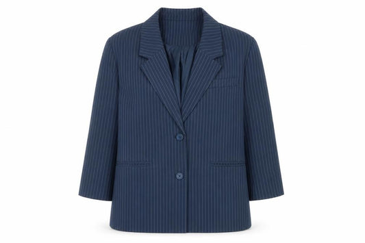 Front view of Noisy May women’s blue striped jacket blazer, size UK 20, button