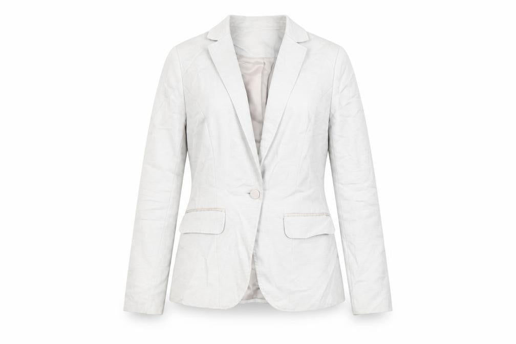 Front view of Per Una women’s grey jacket blazer, size UK 12, button