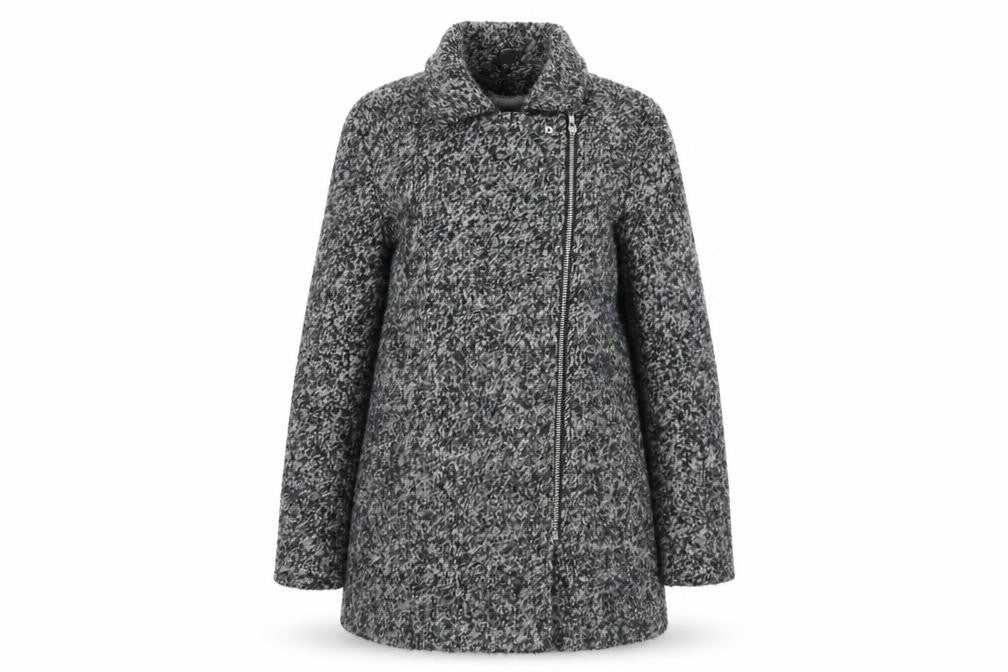 Front view of H&M women’s grey overcoat coat, size UK 12, zip
