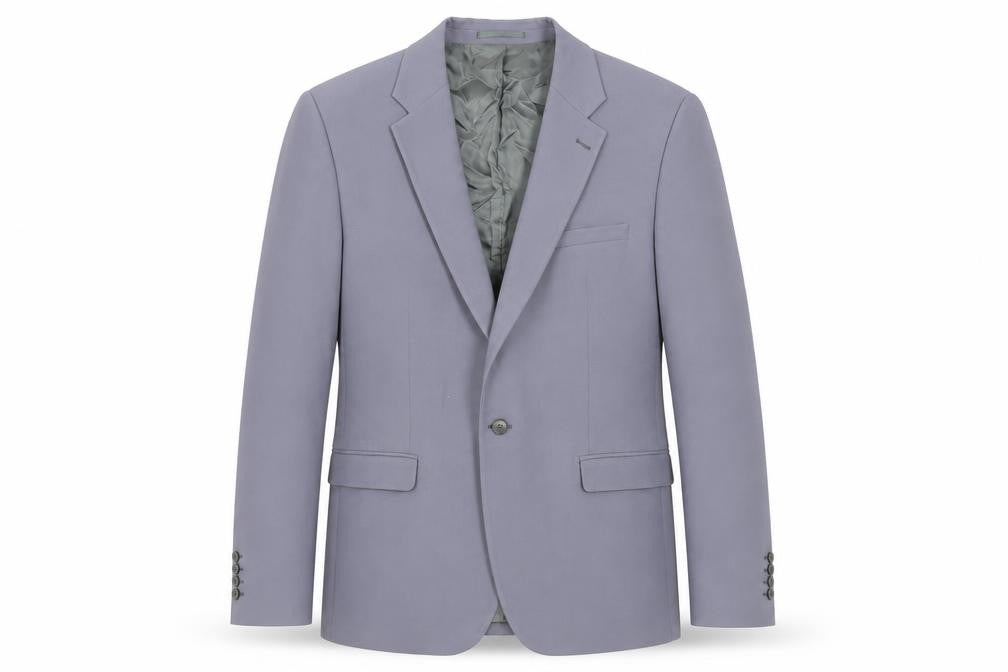 Front view of River Island men’s blue polyester jacket suit jacket, size 44, regular