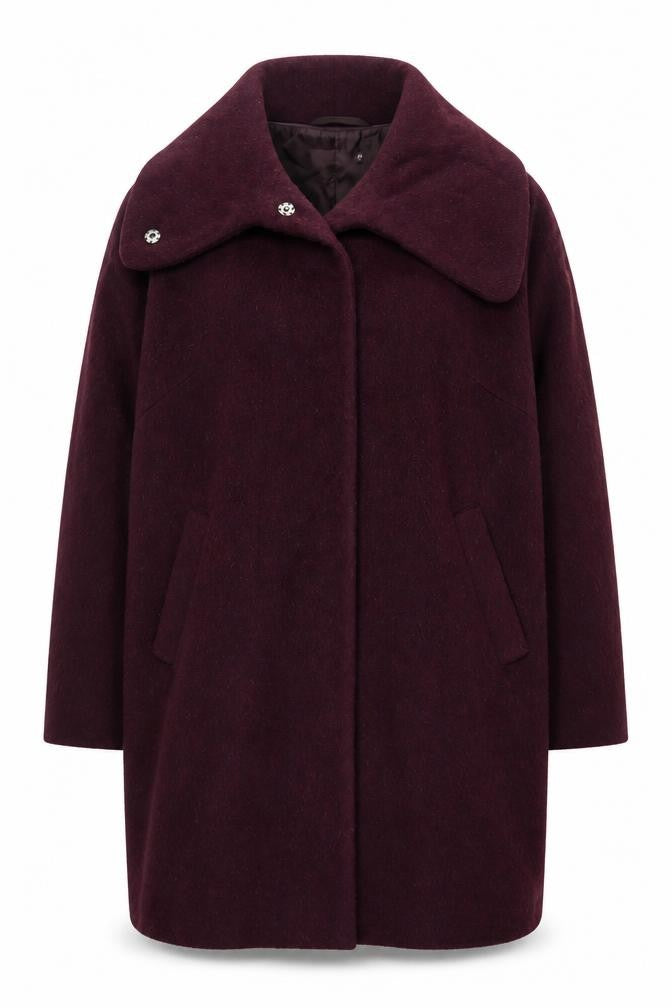 Front view of John Lewis women’s purple overcoat coat, size UK 14, snap