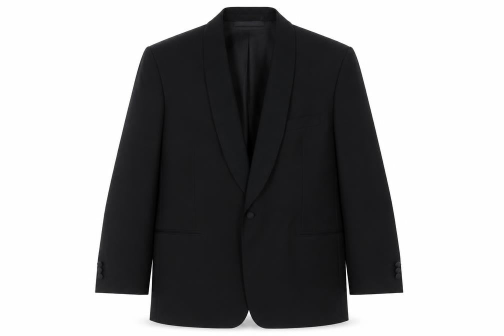 Front view of Marks & Spencer men’s black polyester tuxedo suit jacket, size 46, regular