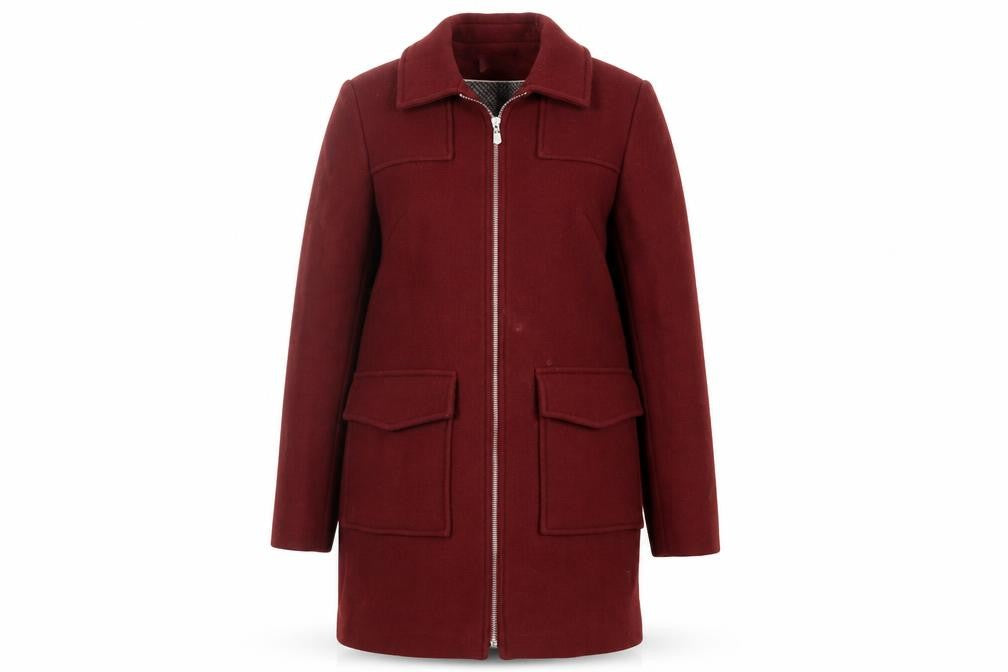 Front view of Trench & Coat women’s red overcoat coat, size UK 12, zip