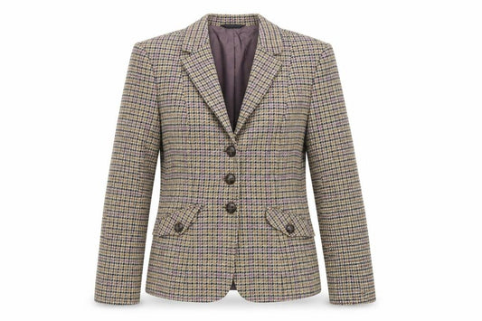 Front view of Prét-á-Porter women’s beige geometric jacket blazer, size UK 8, button