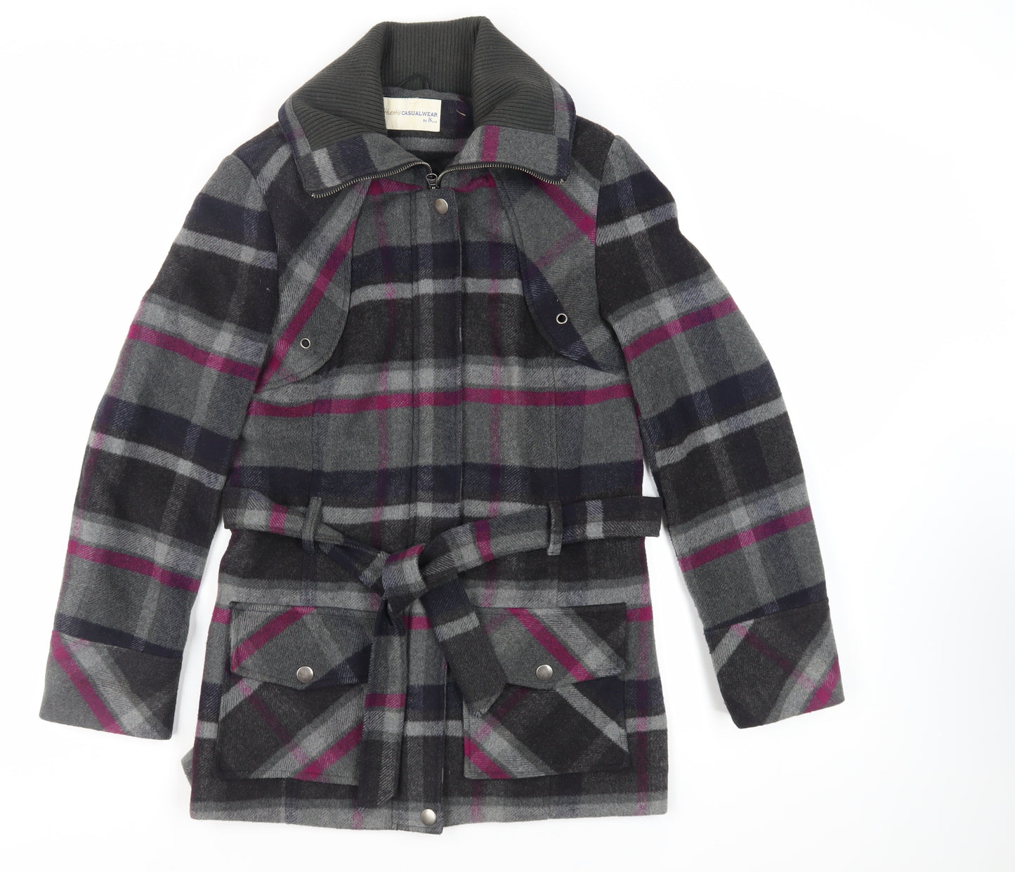 BHS Womens Grey Plaid Jacket Size 12 Zip - Belted