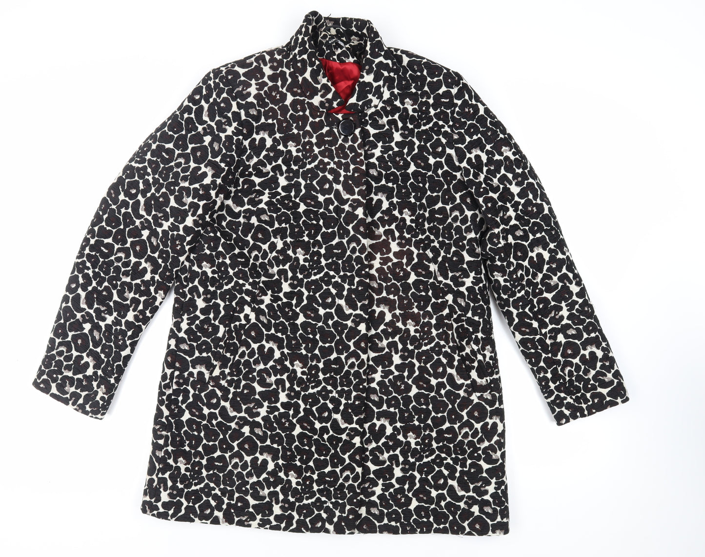 Roman Womens Black Animal Print Overcoat Coat Size L Button