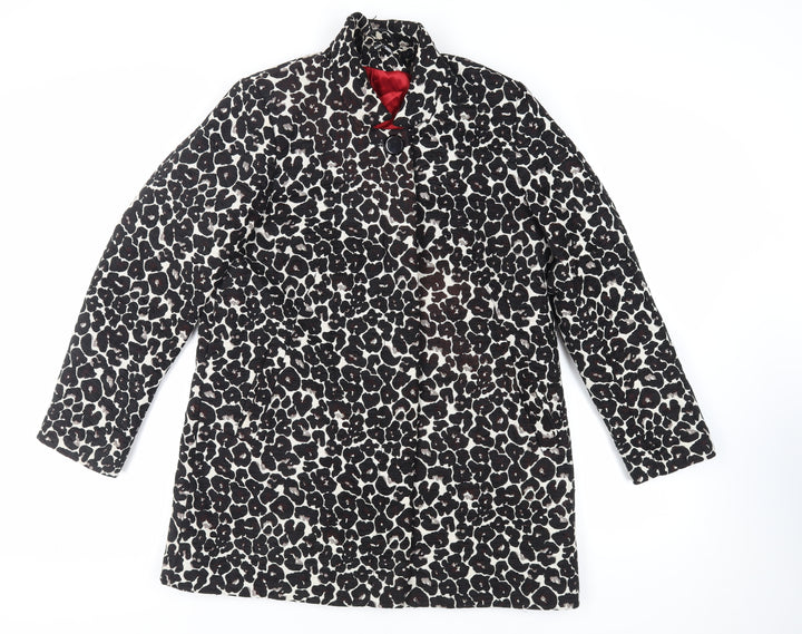 Roman Womens Black Animal Print Overcoat Coat Size L Button