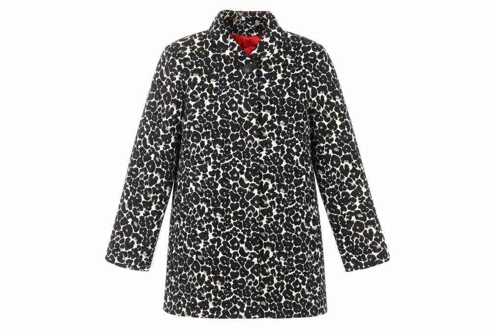 Front view of Roman women’s black animal print overcoat coat, size L, button