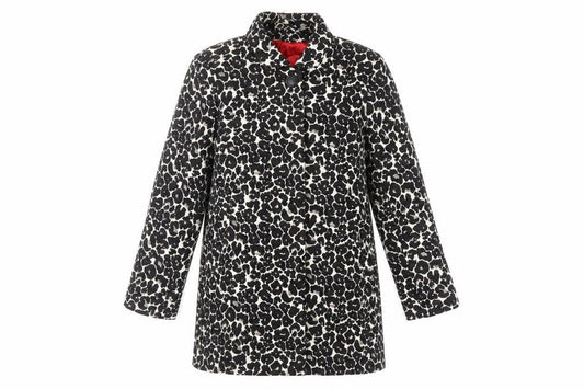 Front view of Roman women’s black animal print overcoat coat, size L, button