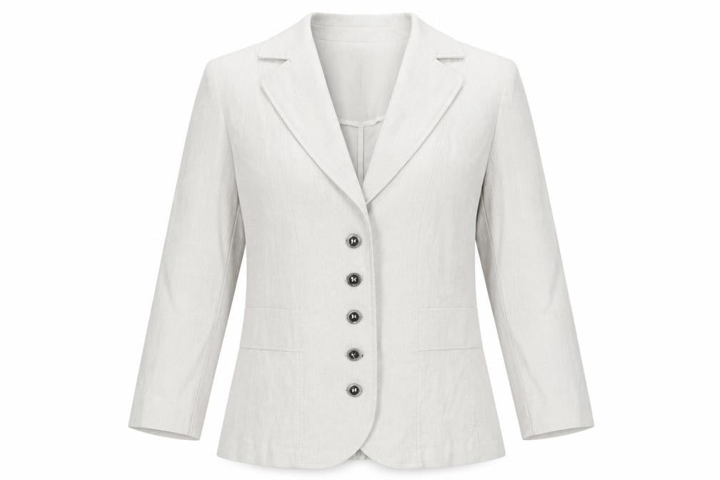 Front view of Per Una women’s beige jacket blazer, size UK 12, button