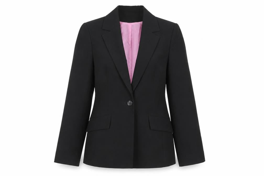 Front view of NL Collection women’s black jacket blazer, size UK 10, button