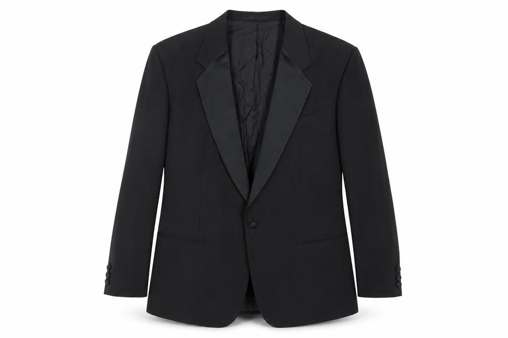 Front view of Burton men’s black wool tuxedo suit jacket, size 42, regular